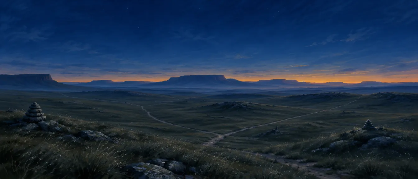 Tessaline Plateau di jam biru: padang rumput bergelombang, jalur-jalur samar yang menyebar ke segala arah, cairn batu, dan deret mesa di bawah sisa cahaya safron.
