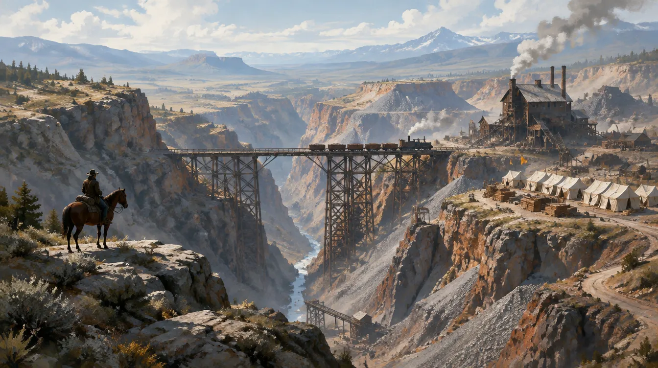 The Kestrel Cut: ngarai tambang dengan jembatan trestle kayu dan kereta bijih, stamp mill berasap, deretan tenda kompi, dan penunggang yang mengamati dari batu.